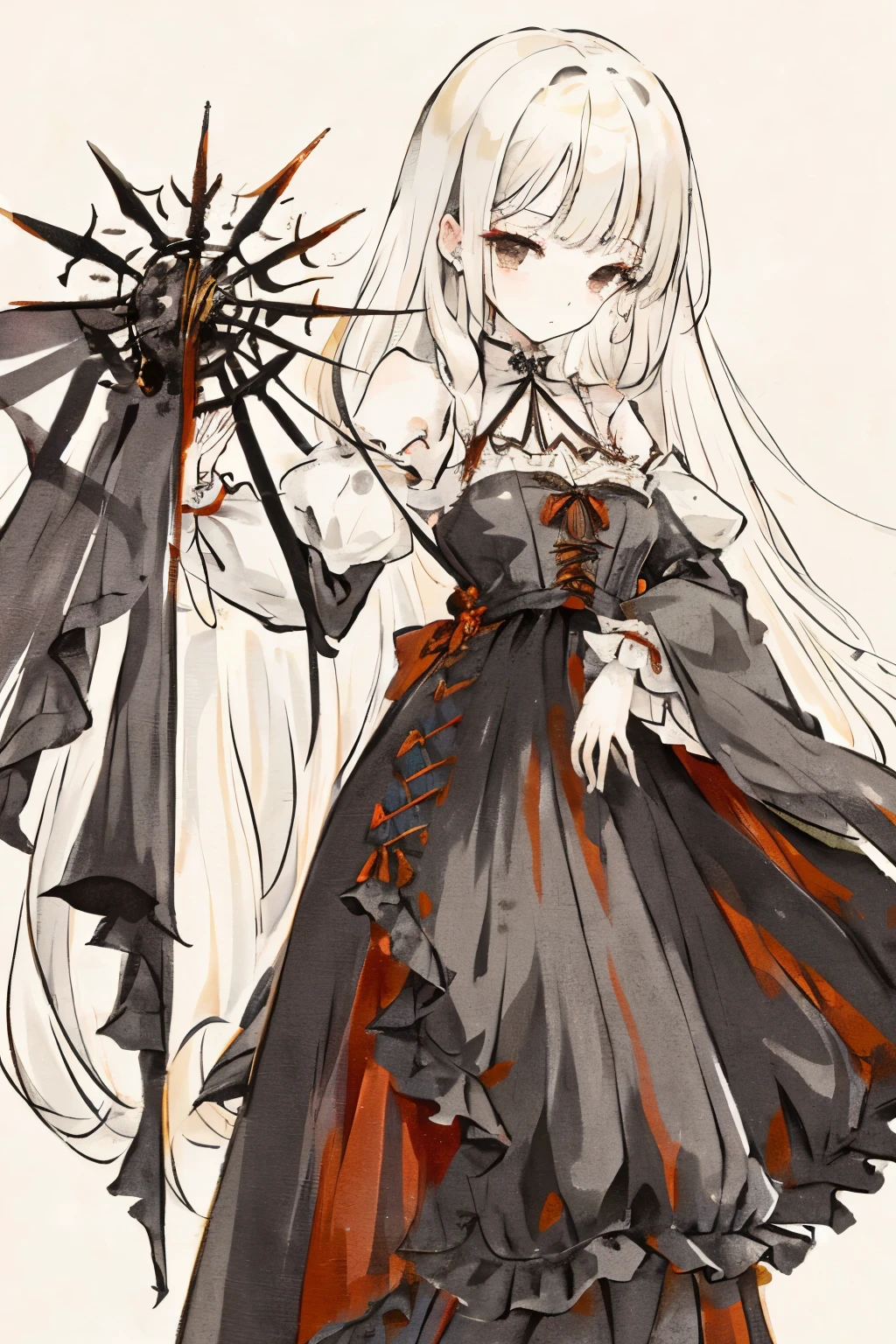 ((best quality)), ((masterpiece)), (detailed), 1girl, Character design, female, dynamic poses, long white grey hair, grey white eyes, very skinny, detailed, best quality, no accesoires around the neck, no shoes, prominent collarbones, skinny arms, flat stomach, visible hip bones, full body, blank white background, plain background, white background, red and white clothing, Bloodborne inspired, occult aesthetic, occult, detailed and intricate steampunk and detailed gothic, NSFW, Very dramatic and cinematic lighting, cosmic horror, grim-dark, side-lighting, perfect face, NSFW, Fluttering lace flared long knee length dress with frilly petticoats, knee length dress, pleated petticoats, petticoats gothic, complex lace boots, side-lighting, gothic aesthetic, wielding a mighty sword with mechanical components, mandalas, small breasts, a fairy, various different types of insect wings, NSFW, full body, whole body, body, plain background, white background, blank background, no background, white background NSFW, chains, full body, whole body, head-to-toe NSFW