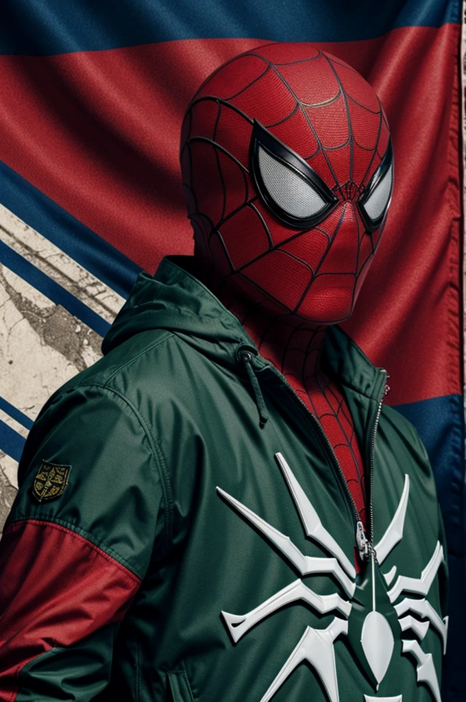 ((best quality)), ((masterpiece)), (detailed), Spiderman, wearing green stone island jacket, holding pirates flag
