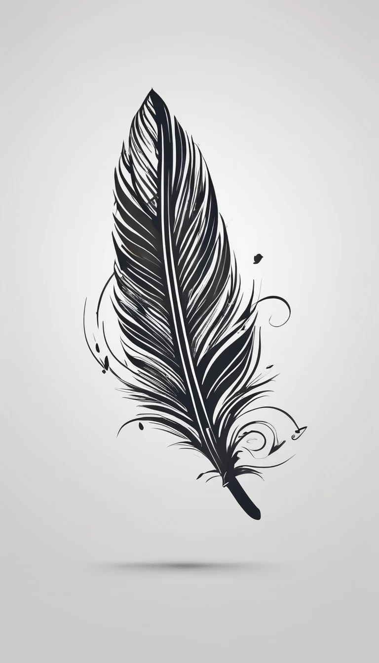 Create a logo design of a special, unique, poetic, minimalistic feather that represents a special creative brand called " Penamemoria". The brand is created by an artist called Rafael Figueiras. The logo must convey the sense of storytelling and music. Must include a boy, one acoustic guitar, a feather and a fantastic bird. Logo design and icon design present and impressed on a white t-shirt.