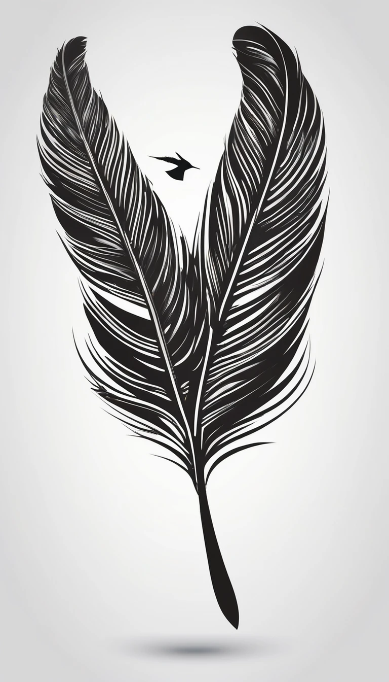 Create a logo design of a special, unique, poetic, minimalistic feather that represents a special creative brand called " Penamemoria". The brand is created by an artist called Rafael Figueiras. The logo must convey the sense of storytelling and music. Must include a boy, one acoustic guitar, a feather and a fantastic bird. Logo design and icon design present and impressed on a white t-shirt.
