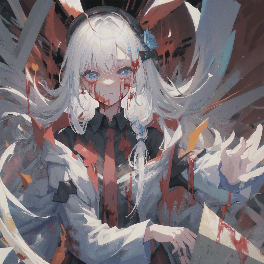 There is blood on the face,Blood is splattered,White hair,Clear,woman,arlnights Texas 