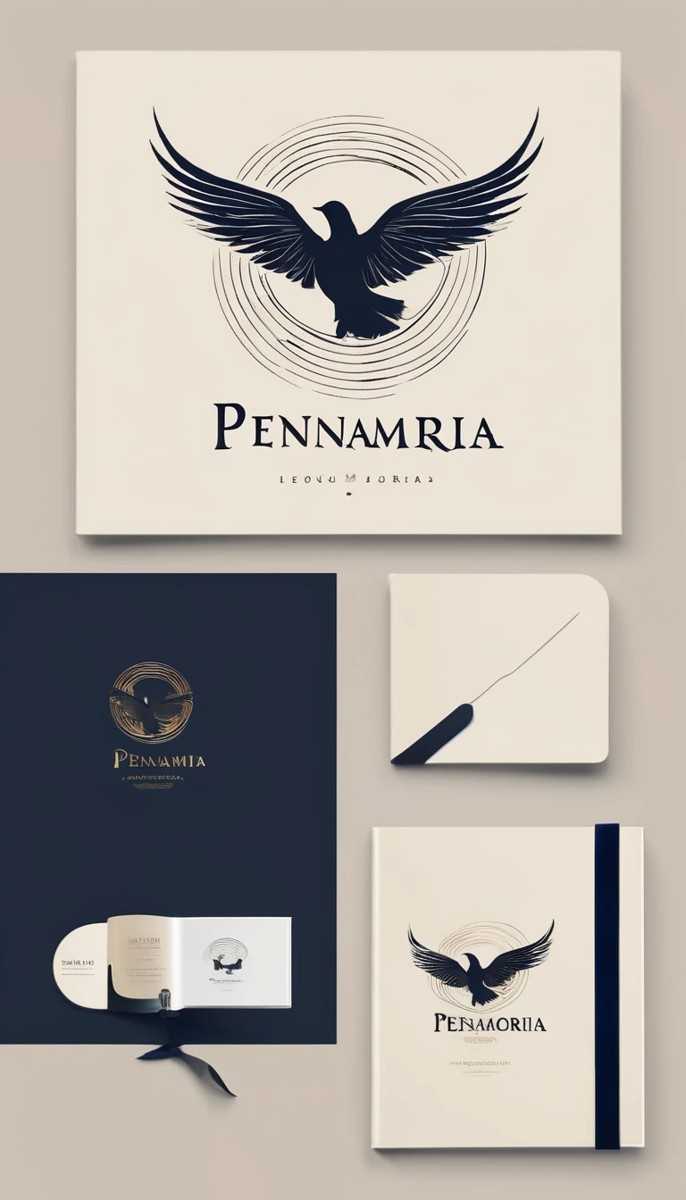 A minimal, modern, simple, cinematic logotype for the brand “Penamemoria". The logotype must be a simple, magical feather and a boy playing acoustic guitar. The logo must convey a sense of music, stories and dreams. Logo design impressed on a book cover. Minimalistic logo