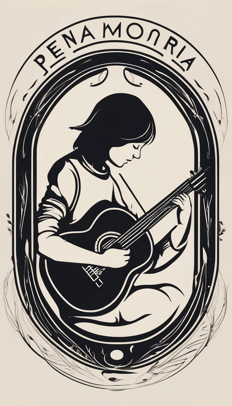 A minimal, modern, simple, cinematic logotype for the brand “Penamemoria". The logotype must be a simple, magical feather and a boy playing acoustic guitar. The logo must convey a sense of music, stories and dreams. Logo design impressed on a book cover. Minimalistic logo