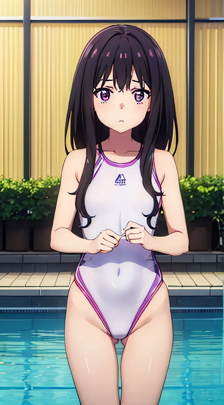 (masterpiece、Highest quality、In 8K、High resolution:1.2)、alone、One Girl、  Takina Inoue、Feeling embarrassed、blush、Purple Eyes、Look at the viewers、whole body、Transparent competitive swimsuit、Transparent racing swimsuit、Glossy body、Wet body、Daytime、Poolside、Low - Angle