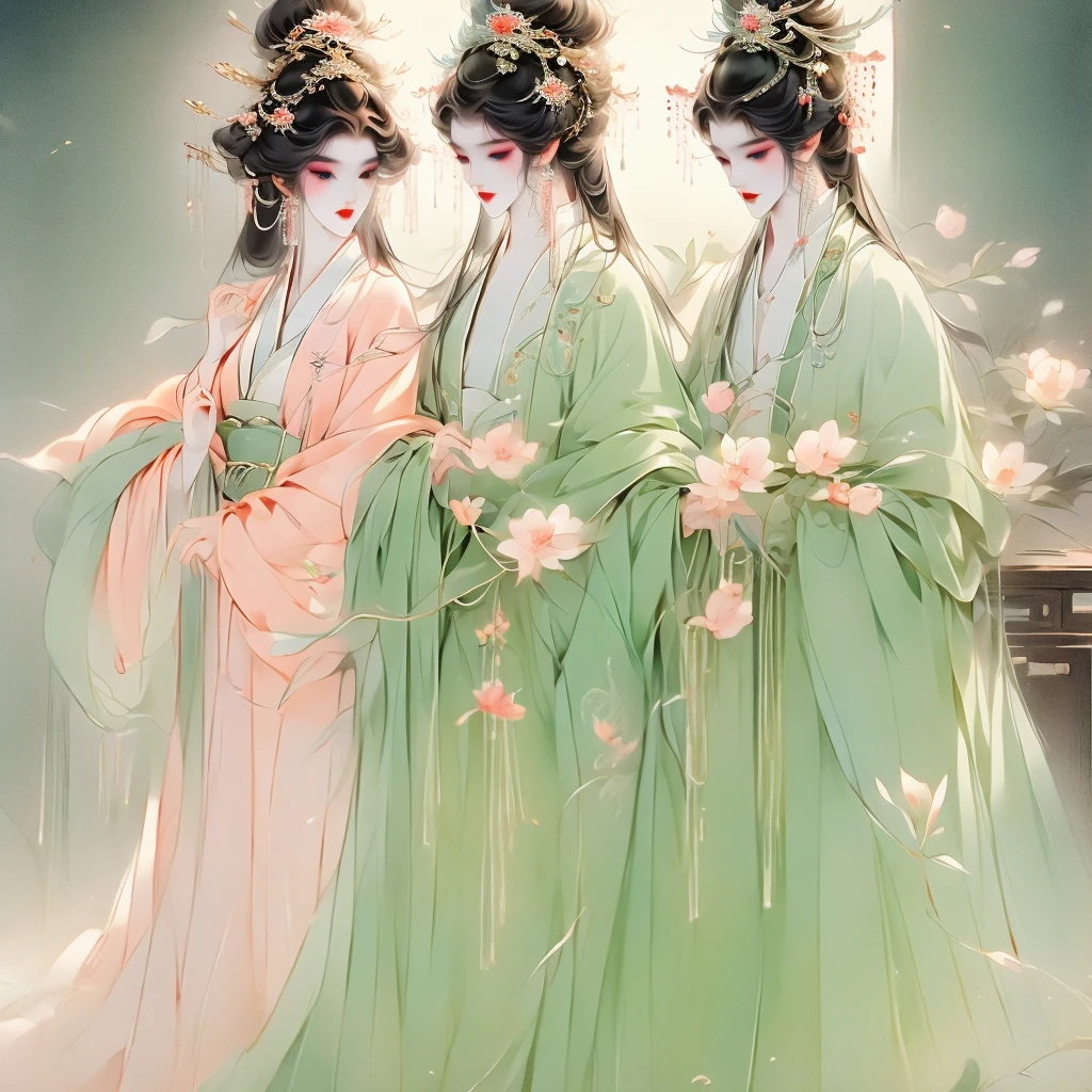 A couple of chinese opera singers, 1 male and 1 female, wearing traditional pastel coloured dressed clothes in a scene on a theater .Detailed image. Dinamic lighting. High definition. Masterpiece