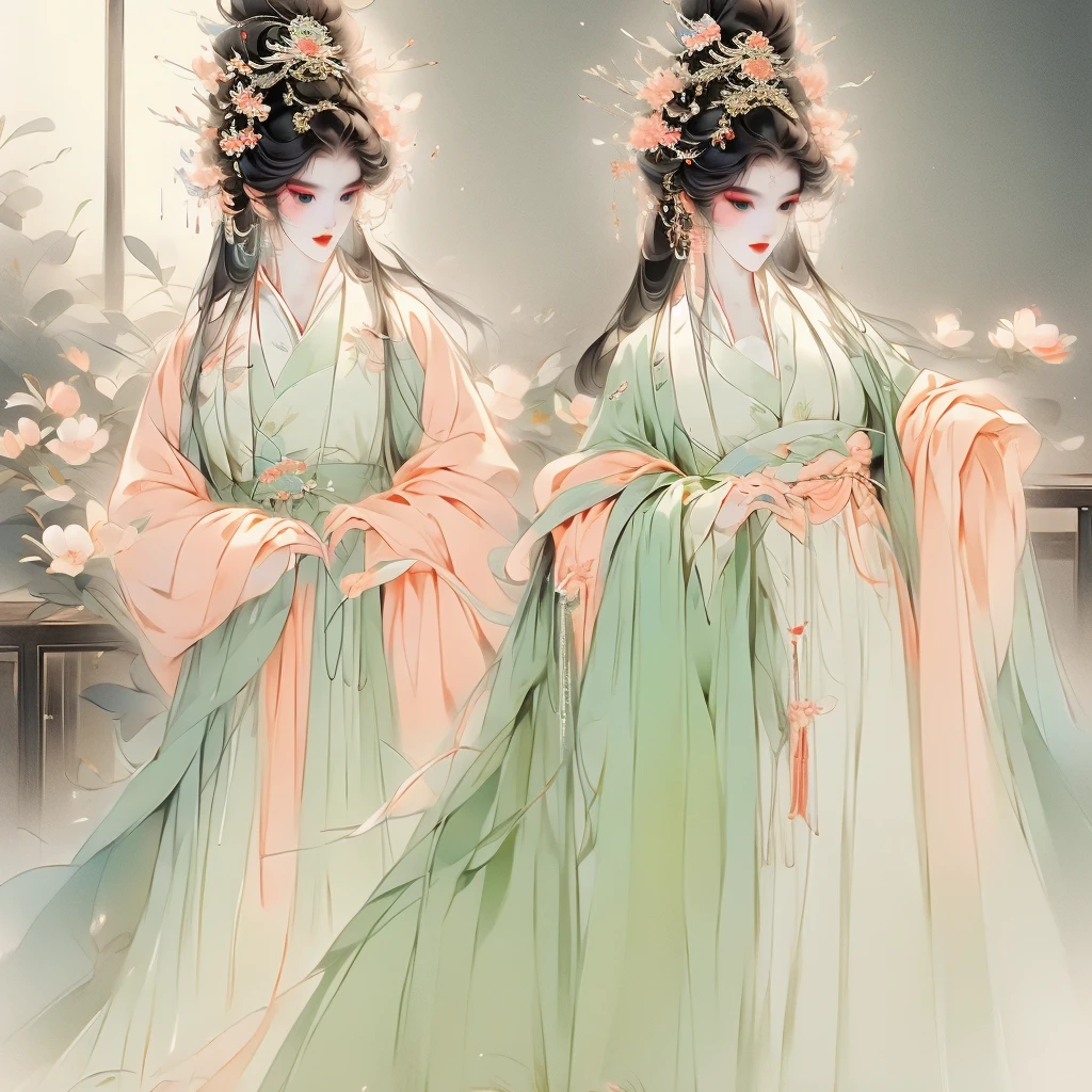 A couple of chinese opera singers, 1 male and 1 female, wearing traditional pastel coloured dressed clothes in a scene on a theater .Detailed image. Dinamic lighting. High definition. Masterpiece