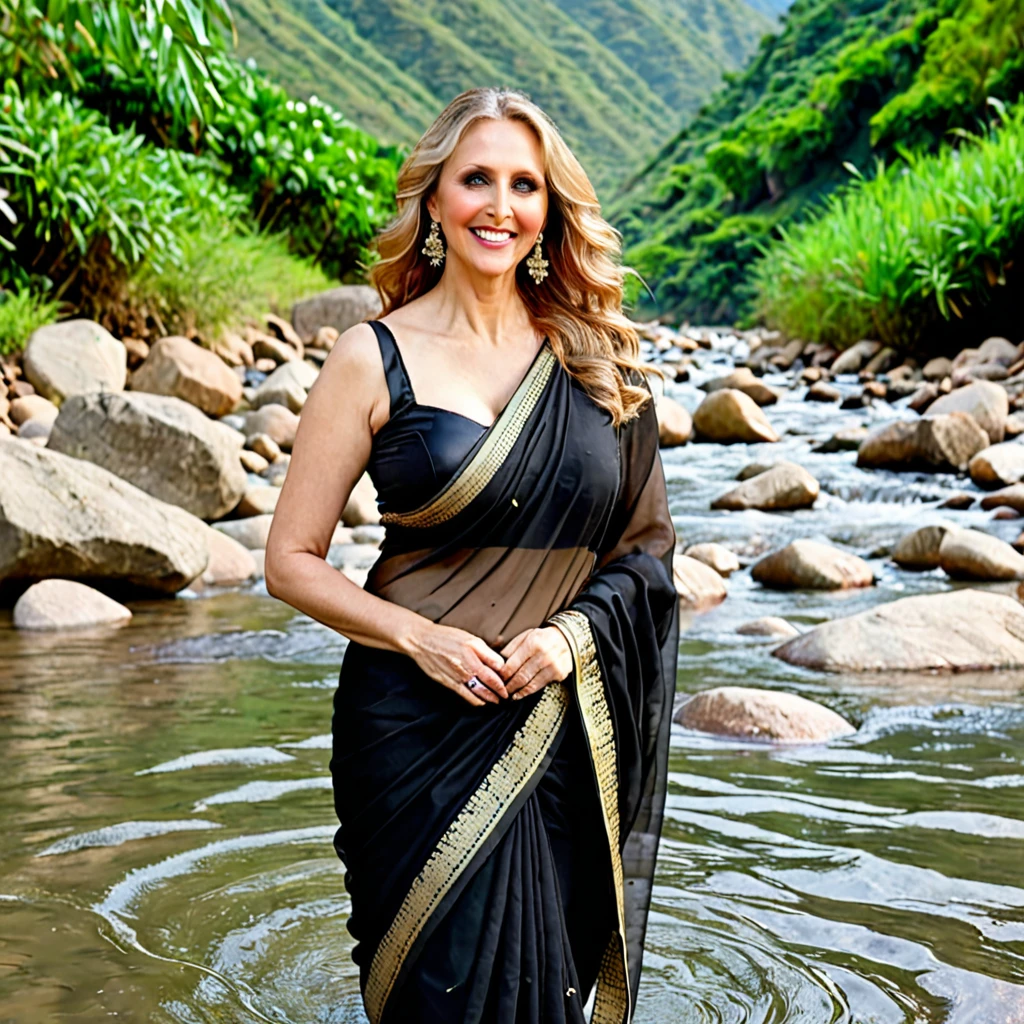Actress Julia Ann bathing in the river in a black saree and smiling amidst the mountains, flower pic