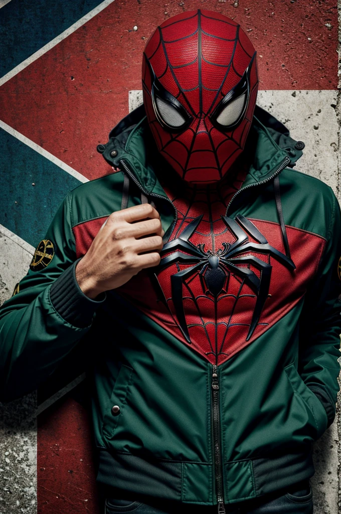 ((best quality)), ((masterpiece)), (detailed), Spiderman mask, wearing green stone island jacket, holding pirates flag