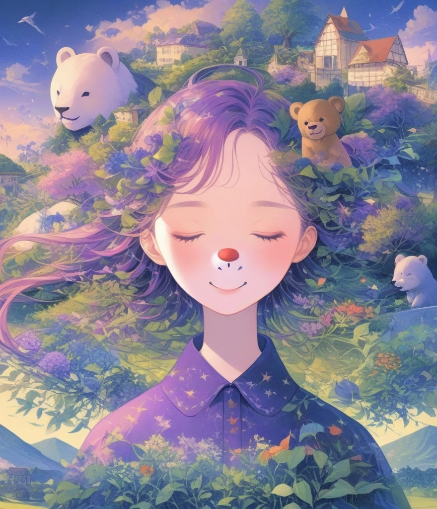 (Panorama, center, masterpiece, Highest quality: 1.2), Fantasy illustration of a boy wearing a clown mask with a big red nose and a circus tent, Lion, bear, Big Circus, Clown performing magic, Evoke the magic of the circus. In purple hues, The background blends in with his hair., Creates an atmosphere of tranquility、Create harmonious compositions that capture the beauty of nature。. This illustration symbolizes the harmony between humans and the environment., Focus on the face,((Ultra high color saturation,Vibrant colors))