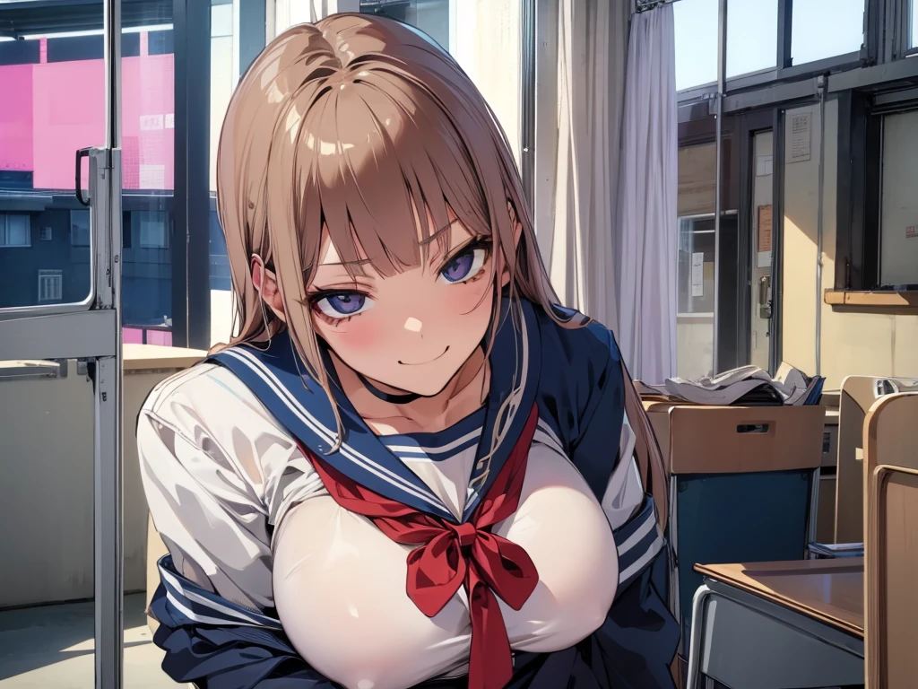 high school girl、Dressed in high 、School classroom、(Big Breasts)、((solo))、smirk