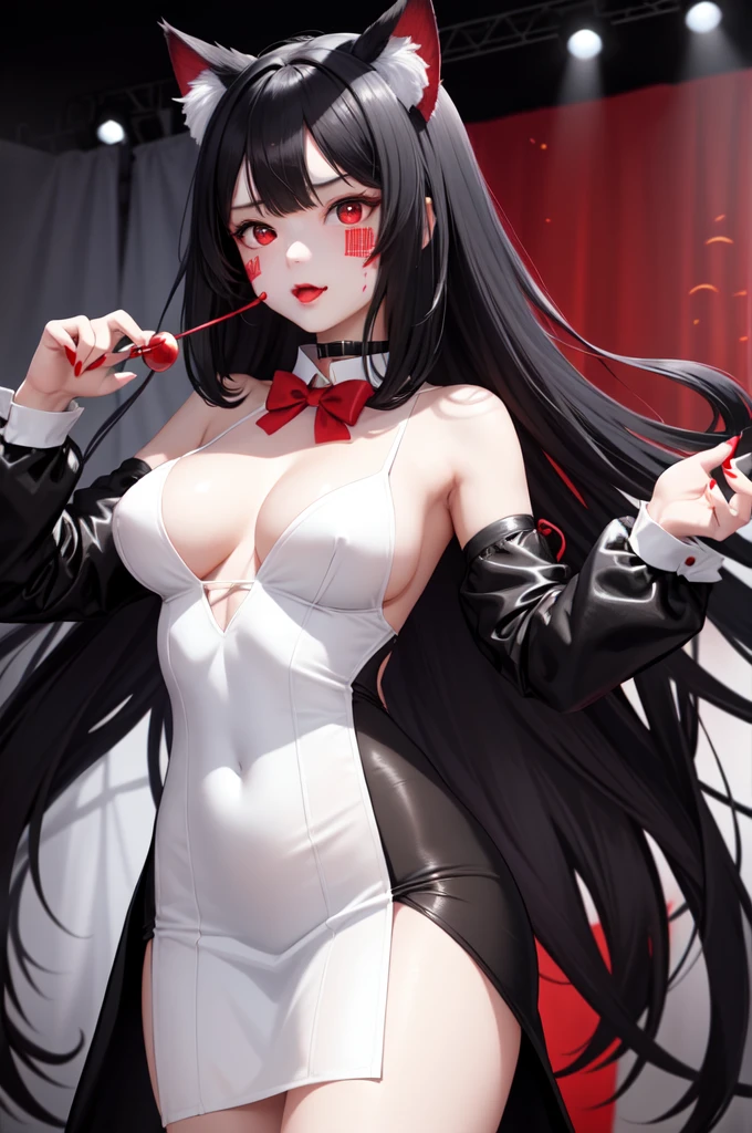 1 girl、细致的Facial details，Cat ear，Black long hair,red lips，Slim，Wearing a white dress，With red bow tie，Large Breasts，Charming red eyes,，handcuffs，collar，Radiant Skin，Facial details，stage，Magic show