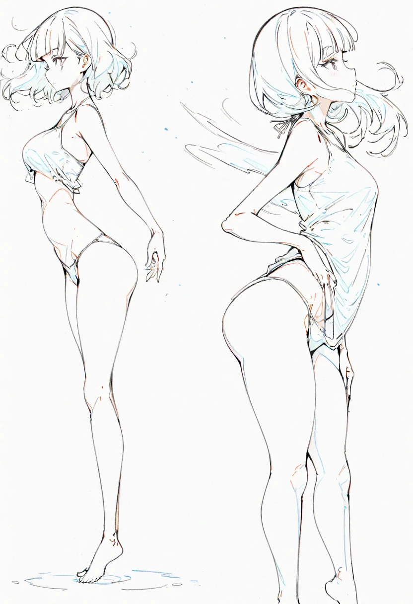 ((whole body)), side view, standing, Hair blowing in the wind, arched back, Line art,Comics Line art,Black and white Line art,Black and White,Mature women, tall,slender body, bowl cut blunt bangs, Bangs,White bikini, Clear and smooth lines,8k,masterpiece