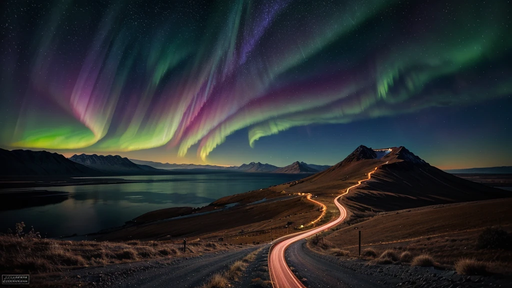 A realistic digital painting of a serene, mountainous landscape with a vibrant, colorful sky filled with cosmic energy, glowing aurora borealis, and sparkling stars. In the foreground, there is a winding path leading towards the horizon, symbolizing a journey. The overall atmosphere is one of wonder, imagination, and a sense of the unknown, suitable for a presentation on the "My journey as an imaginary celebrity" theme. The style should be a blend of realism and dreamlike elements, created in the artistic style of renowned digital painters such as Greg Rutkowski, Kekai Kotaki, and Sparth