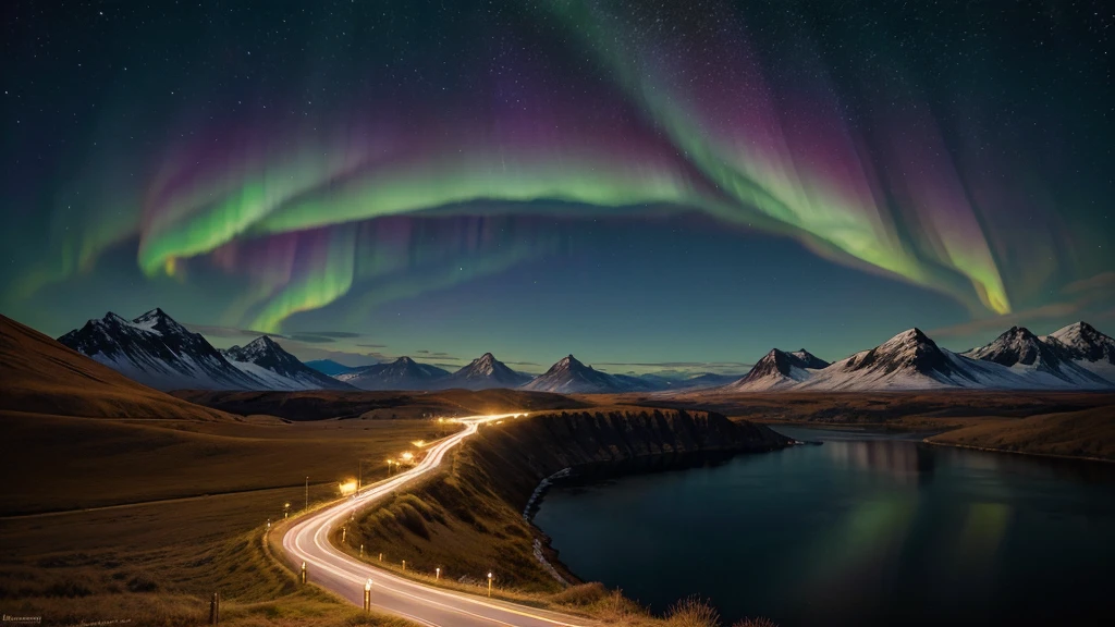 A realistic digital painting of a serene, mountainous landscape with a vibrant, colorful sky filled with cosmic energy, glowing aurora borealis, and sparkling stars. In the foreground, there is a winding path leading towards the horizon, symbolizing a journey. The overall atmosphere is one of wonder, imagination, and a sense of the unknown, suitable for a presentation on the "My journey as an imaginary celebrity" theme. The style should be a blend of realism and dreamlike elements, created in the artistic style of renowned digital painters such as Greg Rutkowski, Kekai Kotaki, and Sparth