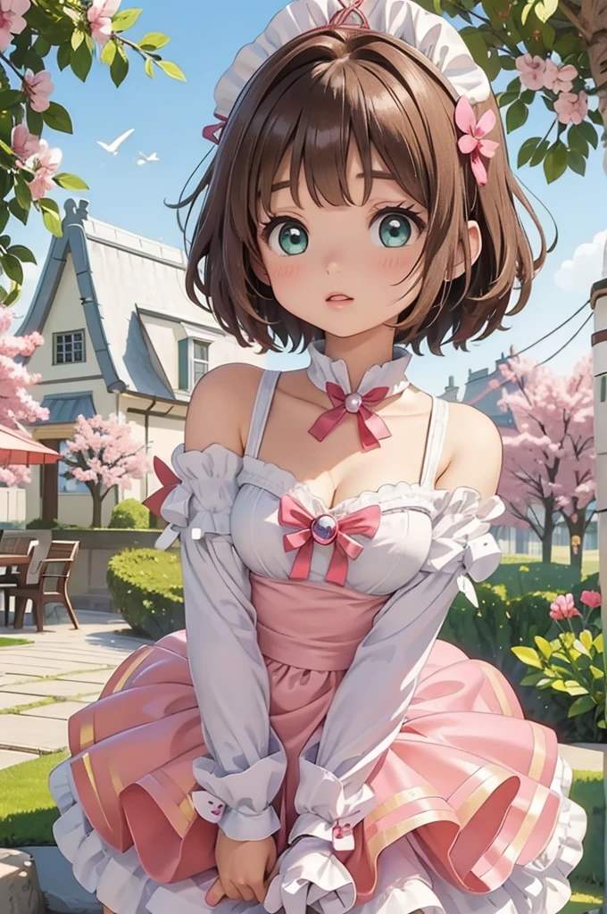 masterpiece, best quality, highres, perfect pixel, depth of field, 1girl, single, solo, beautiful anime girl, beautiful artstyle, (beautiful eyes), (detailed face), (blush), anime CG style, (medium breasts), good lighting, perfect body, lips parted, (sakura kinomoto:1.3), glossy lips, (maid), Off the shoulder、cleavage,  bright eyes,  (short hair:1.3)、Tea party、			
kinomoto sakura, cardcaptor sakura, loli, , green eyes, antenna hair, light brown hair, hair intakes, bangs,