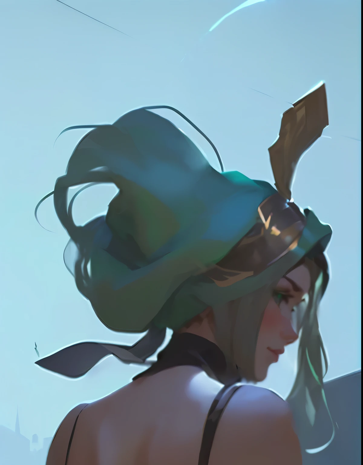 There is a woman wearing a green hat,Wearing a bow on the head, Ross trans style, Krenzkushat, Wop and Krenz Kushart, Morel, Krenz Kushat and Artgerm, Artgerm and Atey Ghailan, art by wlop and greg rutkowski, Wlop Rossdraws