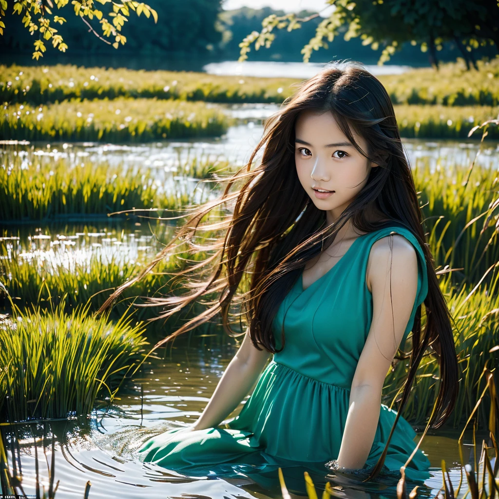A beautiful woman with long hair playing in a lake surrounded by reeds hyper realistic mono 20yearsold　bluedress