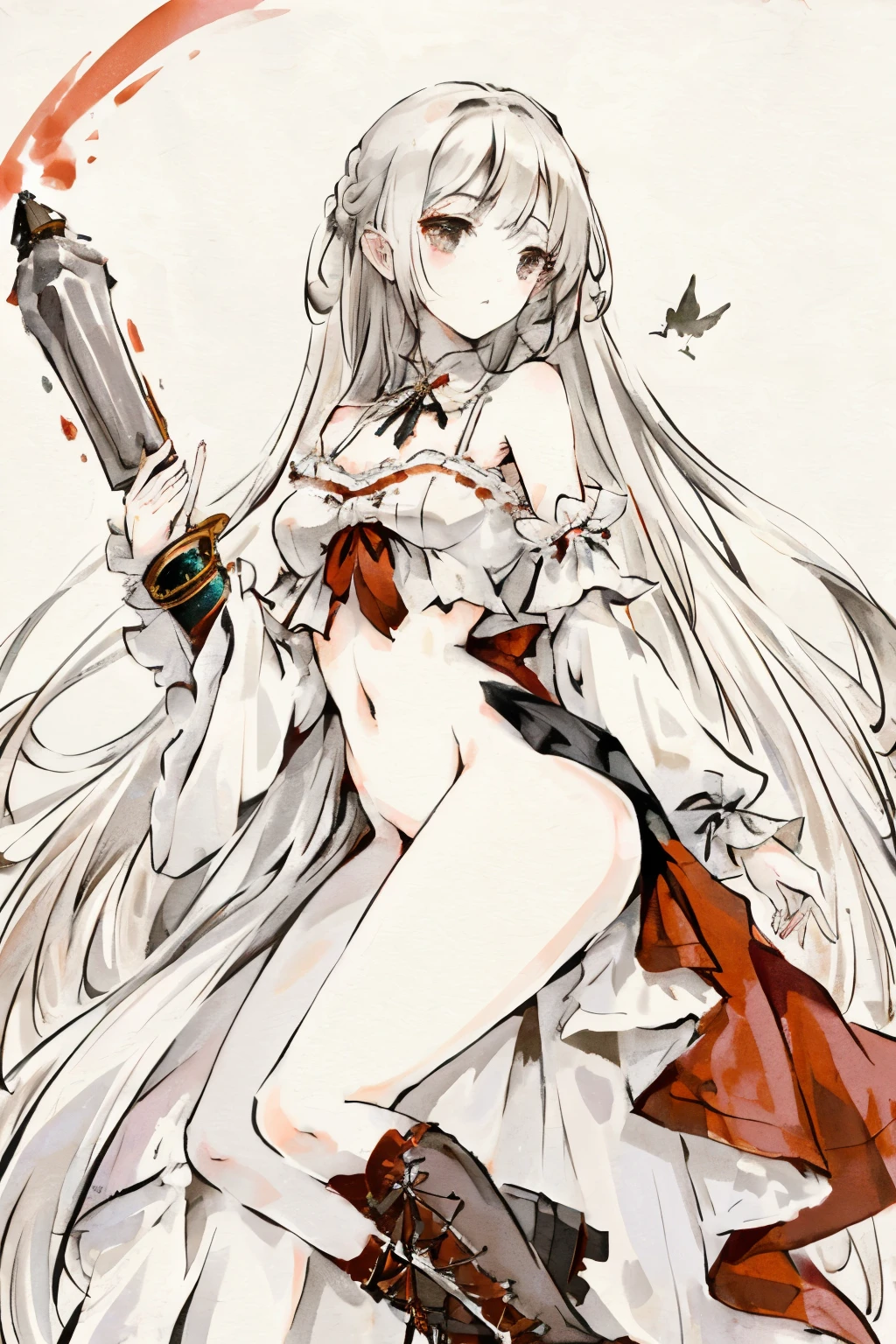 ((best quality)), ((masterpiece)), (detailed), 1girl, Character design, female, dynamic poses, long white grey hair, grey white eyes, very skinny, detailed, best quality, no accesoires around the neck, no shoes, prominent collarbones, skinny arms, flat stomach, visible hip bones, full body, blank white background, plain background, white background, red and white clothing, Bloodborne inspired, occult aesthetic, occult, detailed and intricate steampunk and detailed gothic, NSFW, Very dramatic and cinematic lighting, cosmic horror, grim-dark, side-lighting, perfect face, NSFW, Fluttering lace flared long knee length dress with frilly petticoats, knee length dress, pleated petticoats, petticoats gothic, complex lace boots, side-lighting, gothic aesthetic, wielding a mighty sword with mechanical components, mandalas, small breasts, a fairy, various different types of insect wings, NSFW, full body, whole body, body, plain background, white background, blank background, no background, white background NSFW, chains, full body, whole body, head-to-toe NSFW