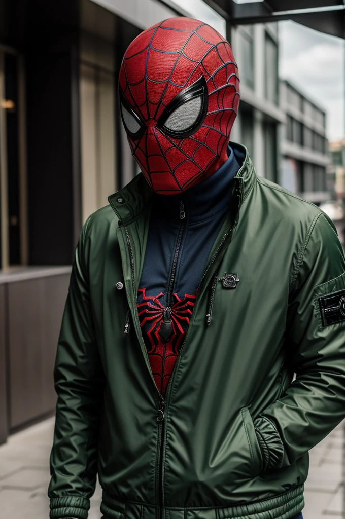 ((best quality)), ((masterpiece)), (detailed), the amazing Spiderman mask, wearing green stone island jacket, at stadium terrace