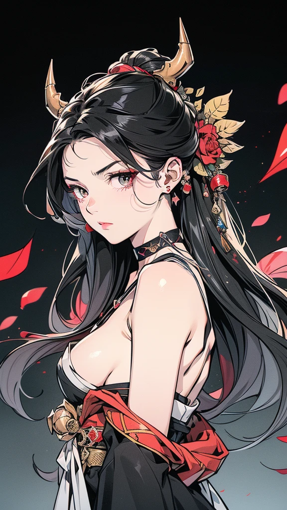 Seven Rhaeyar (Deylta), Ancient Star goddess, Perfect female anatomy (Royalty, Adult Female, 166cm in height, Cool pale skin, slim, slender, 34D breast size, Long Jet Black Hair, Gray Colored Iris , a set of Jet black colored horns on her head), Neutral facial expression, Elegant black uniform dress, female choker accessory with silver complimentary jewelry, dragon motifs, Black rope accessories, Simple Black Background, receiving light from the front, Slightly focusing on her face up close, Ethereal glow, Red Rose petals falling, Japanese inspired