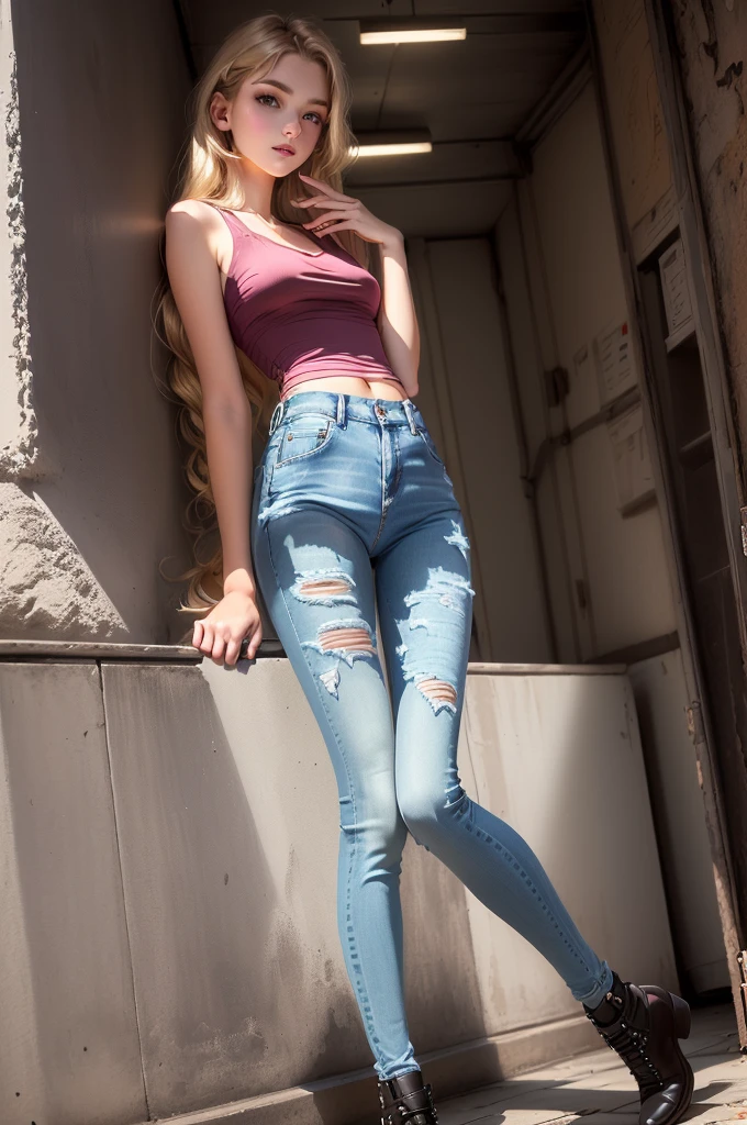 araffed woman in a pink top and ripped Jeans leaning on a wall, ( ( ( wearing Jeans ) ) ), ripped Jeans, Casual pose, wearing Jeans, Photo of a slim girl model, Freizeitkleidung, tight denim Jeans, narrow waist and wide hips, attraktive pose, Close-up of a skinny, Damenmode-Modell, Jeans, es weibliches Model