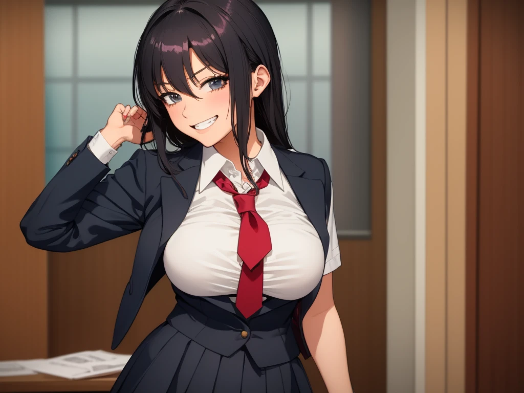 high school girl、Dressed in high 、School classroom、(Big Breasts)、((solo))、smirk