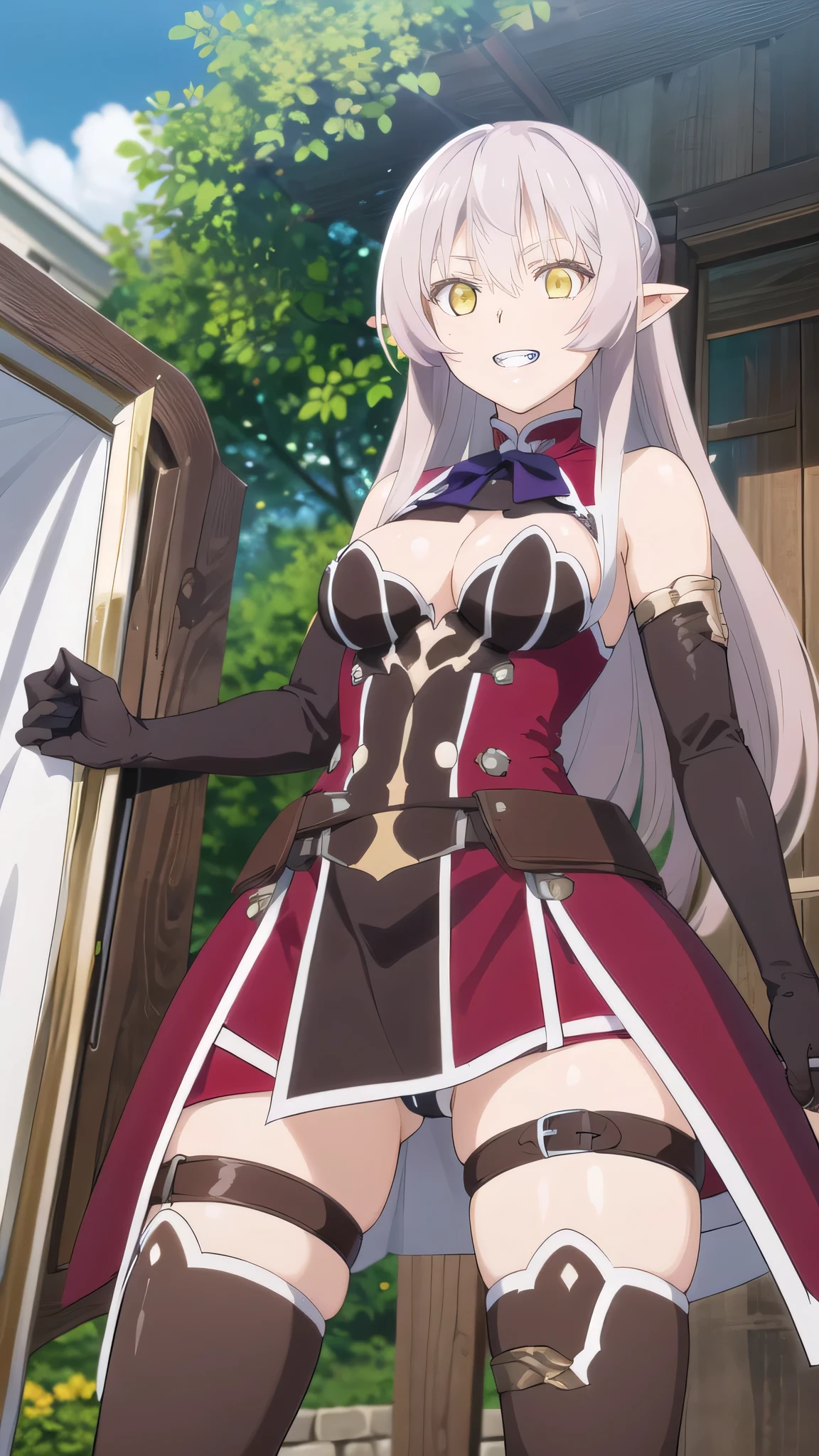 Ariane,masterpiece, best quality, ultra-detailed, glistening shiny, glowing light, ray tracing, HDR, deph of field, (perfect face, detailed face, detailed eyes),(small breasts:1.2),8k,HD,ultra realistic face,ray tracing,perfect lighting, ultra-detailed, shiny eyes,((upper teeth smile)), (looking at viewer), ((1girl)), (mature female:1.4),cowboy shot,((view from below)):1.2,thighs, white hair,((gradient hair)),red eyes, gradient eyes, (glowing eyes:1.1), mascara, (fashion make up), (garden:1.4),(complex background, many elements in the background:1.2),((super detailed background)), dynamic poses, ((8k wallpaper)), black thighhighs, thigh straps, white shirt, black bowtie, miniskirt, white gloves, ahoge, purple sleeves, white lace panties,
