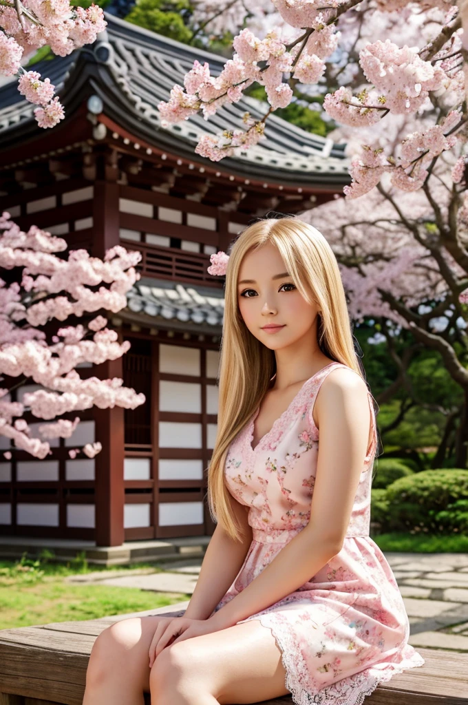 Anime style
Young female character
Long blonde hair
Large eyes
Pink dress with floral and lace details
Sitting under a cherry blossom tree
Background featuring a traditional Japanese pavilion
Soft, dreamy atmosphere