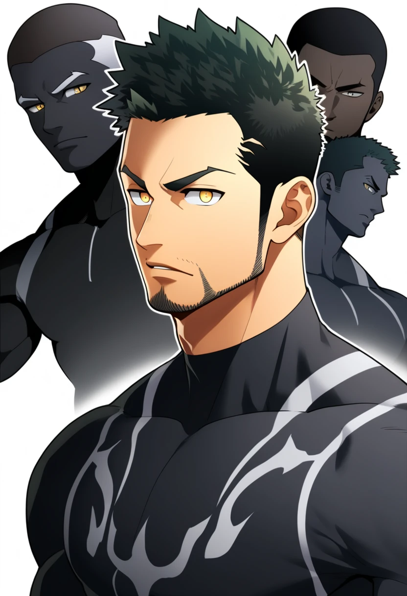one negro, anime characters:Gyee, Priapus, One Muscle Sports Student, negro black skin, Very Black, muscular tough guy, Manliness, male focus, Grey long sleeve turtleneck tight t-shirt, Regular symmetrical pattern, Very tight, muscular male, muscular, only, Upper body, alone, Black short hair, Thick eyebrows, stubble, Yellow eyes, White background, simple background, amazing quality, best aesthetics, Ridiculous, bright pupils, crew cut, parted lips, v-shaped eyebrows, jitome, best quality