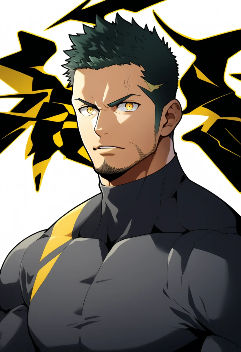 one negro, anime characters：Gyee, Priapus, One Muscle Sports Student, negro black skin, Very Black, muscular tough guy, Manliness, male focus, Grey long sleeve turtleneck tight t-shirt, Regular symmetrical pattern, Very tight, muscular male, muscular, only, Upper body, alone, Black short hair, Thick eyebrows, stubble, Yellow eyes, White background, simple background, amazing quality, best aesthetics, Ridiculous, bright pupils, crew cut, parted lips, v-shaped eyebrows, jitome, best quality