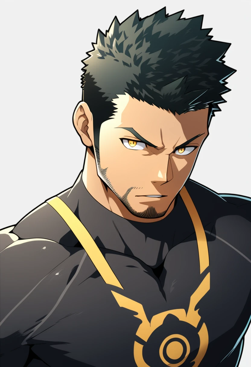 one negro, anime characters:Gyee, Priapus, One Muscle Sports Student, negro black skin, Very Black, muscular tough guy, Manliness, male focus, Grey long sleeve turtleneck tight t-shirt, Regular symmetrical pattern, Very tight, muscular male, muscular, only, Upper body, alone, Black short hair, Thick eyebrows, stubble, Yellow eyes, White background, simple background, amazing quality, best aesthetics, Ridiculous, bright pupils, crew cut, parted lips, v-shaped eyebrows, jitome, best quality