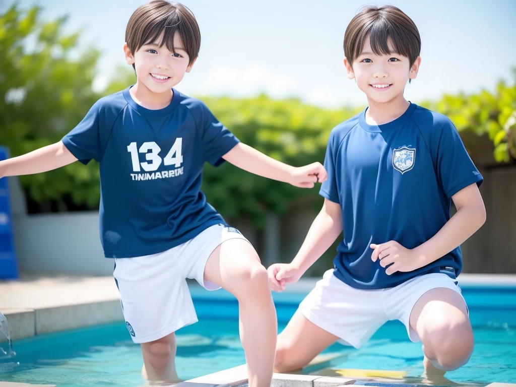 夏休みのprimary school校、Pool、primary school５Grade、Japan Boy、hot day、Two Boys、Youth Power、Short sleeve gym uniform、Blue shorts、physical education、barefoot，（Boy 1.4）、Boys only 、(１０Age 1.４)