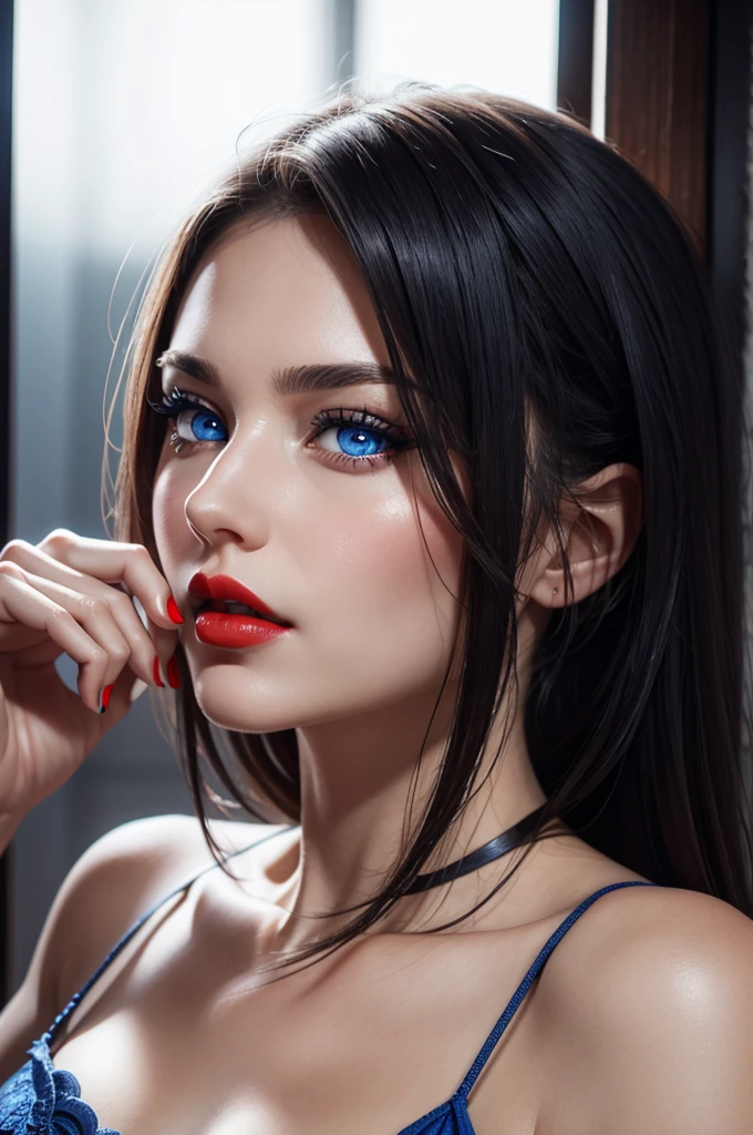 detailed woman face looking at the camera, blue eyes, hot thick red lips, mouth parted with sensuality, correct deformed fingers, photorealistic, sharpened eyes