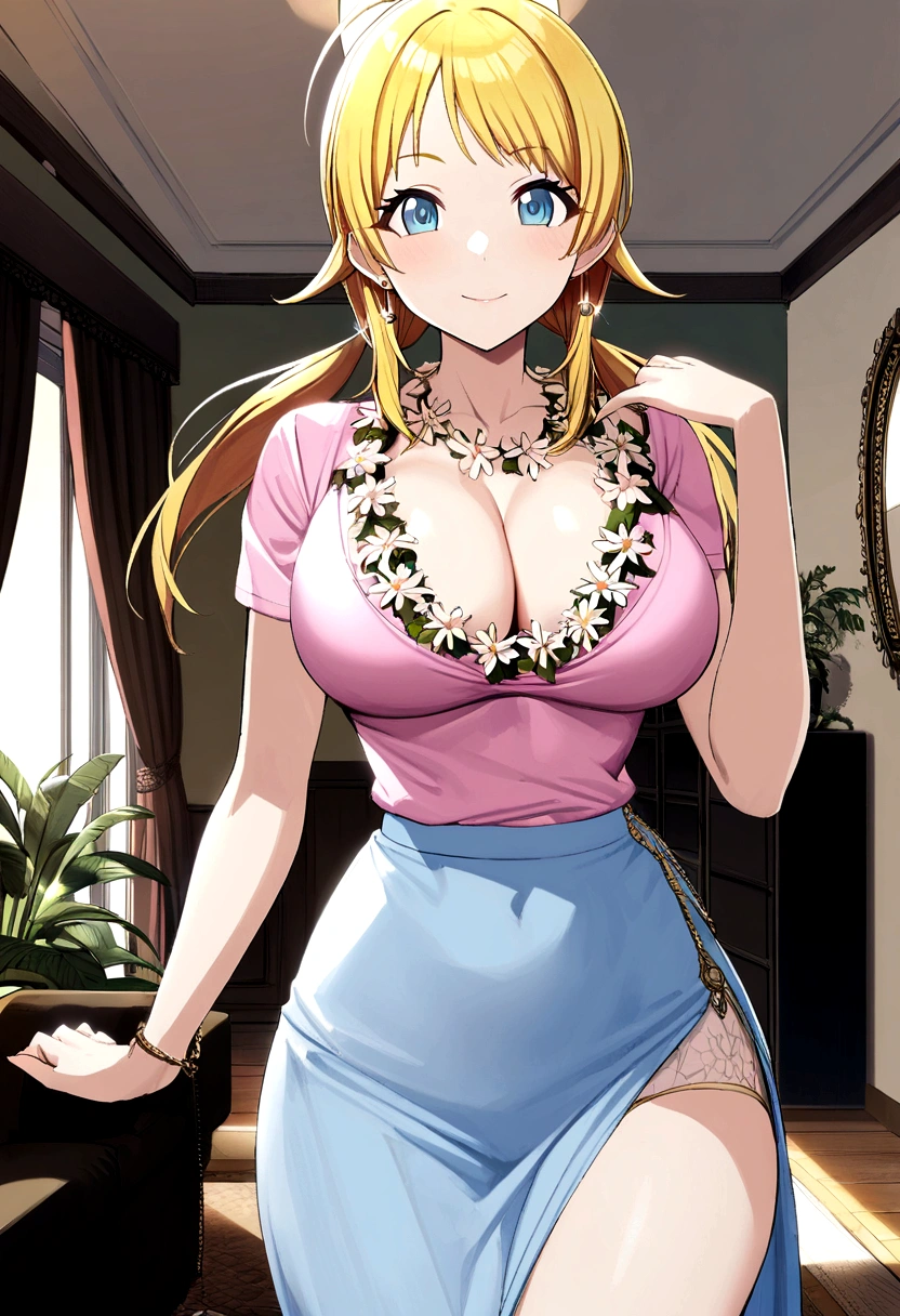 blonde Hachimiya Meguru with twintails, a very detailed face, blue eyes, very large breasts, a slim waist, slim hips, pink t-shirt with square cleavage, a long light blue skirt, a flower necklace, very long chain earrings to the shoulders, standing in a living room.