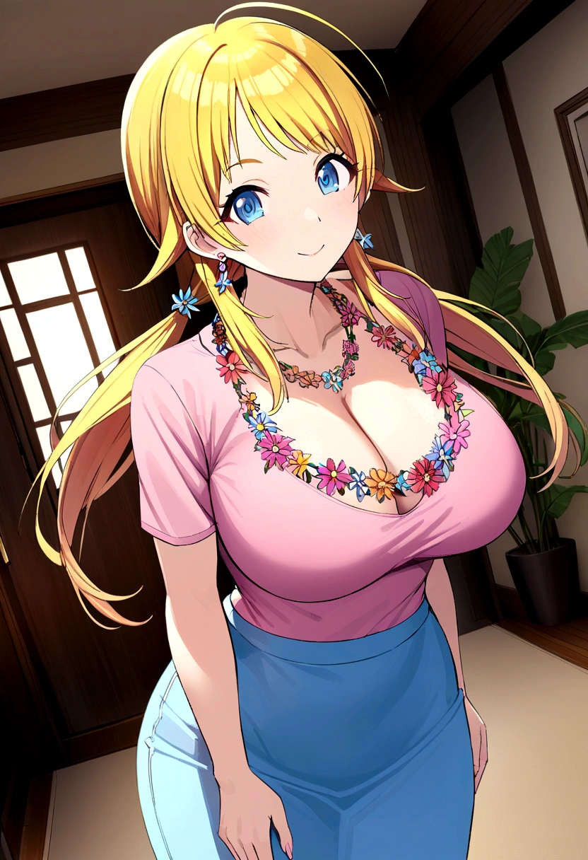 blonde Hachimiya Meguru with twintails, a very detailed face, blue eyes, very large breasts, a slim waist, slim hips, pink t-shirt with square cleavage, a long light blue skirt, a flower necklace, very long chain earrings to the shoulders, standing in a living room.