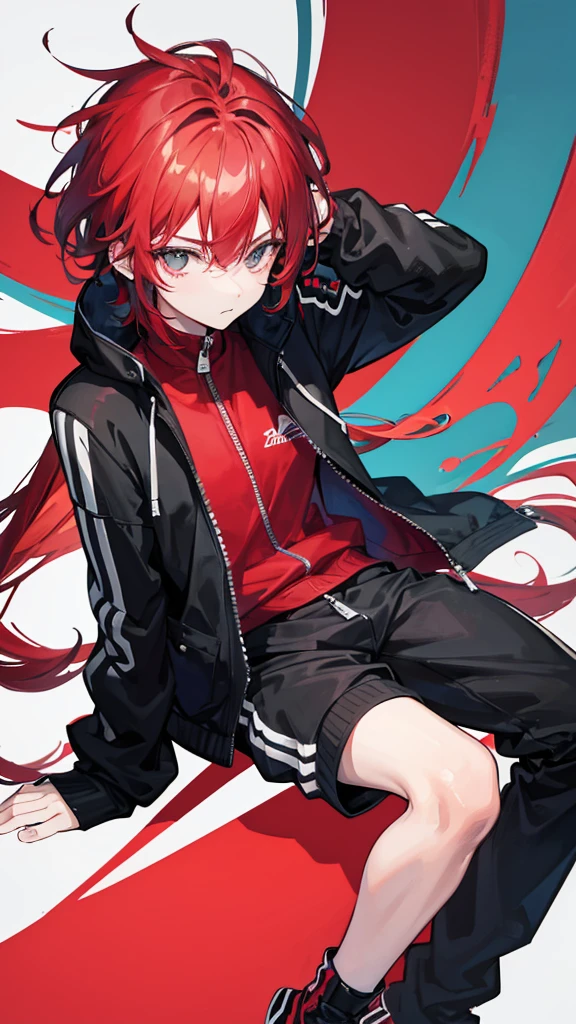 An illustration of a cool-looking boy around 15 years old with 70% black and 30% red hair, wearing a tracksuit with the zipper open