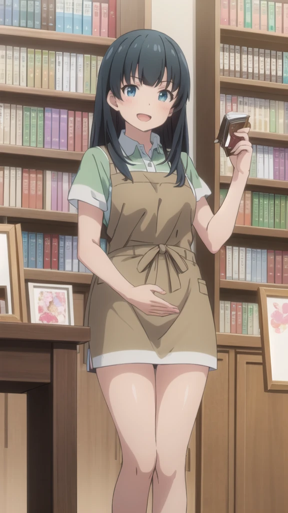Highest quality, (masterpiece:1.2), Very detailed,
indoor, Bookshelf,
takasago tomoe,
One girl, alone, Are standing, Looking at the audience, Open your mouth, smile,
Black Hair, Long Hair, blue eyes,
Black very short denim skirt , Collared shirt, Short sleeve, Green Shirt, Striped, Brown apron,white lace panties,