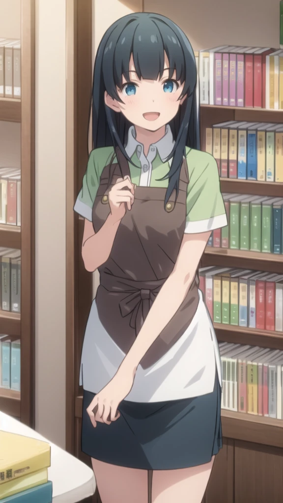 Highest quality, (masterpiece:1.2), Very detailed,
indoor, Bookshelf,
takasago tomoe,
One girl, alone, Are standing, Looking at the audience, Open your mouth, smile,
Black Hair, Long Hair, blue eyes,
Black very short denim skirt , Collared shirt, Short sleeve, Green Shirt, Striped, Brown apron,white lace panties,