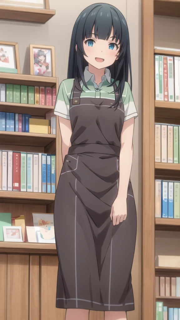 Highest quality, (masterpiece:1.2), Very detailed,
indoor, Bookshelf,
takasago tomoe,
One girl, alone, Are standing, Looking at the audience, Open your mouth, smile,
Black Hair, Long Hair, blue eyes,
Black very short denim skirt , Collared shirt, Short sleeve, Green Shirt, Striped, Brown apron,white lace panties,