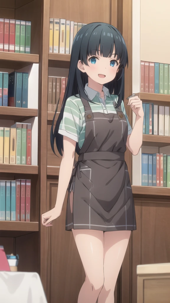 Highest quality, (masterpiece:1.2), Very detailed,
indoor, Bookshelf,
takasago tomoe,
One girl, alone, Are standing, Looking at the audience, Open your mouth, smile,
Black Hair, Long Hair, blue eyes,
Black very short denim skirt , Collared shirt, Short sleeve, Green Shirt, Striped, Brown apron,white lace panties,