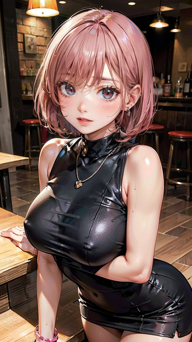 (Masterpiece, BestQuality:1.3), (ultra detailed:1.2), (hyperrealistic:1.3), (RAW photo:1.2), High detail RAW color photo, professional photograph, (Photorealistic:1.4), (realistic:1.4), professional lighting, perfect anatomy, (Big Breasts:1.2), (blush, detailed face), (cheerful Smile:1.5), Trending Hair&Trending Hairカラーをランダムに, earrings, necklace, bracelet, sexy, erotic sexy, Random sexy gravure poses, (A sexy beauty in a tight black dress、She is leaning against the bar counter and posing sexy.。Pink short bob。:1.3)