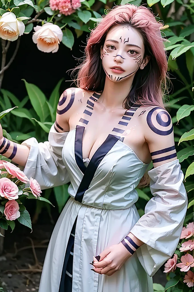 1girl, pink long hair, mask, makeup, bare shoulders, cleavage, large breasts, detached sleeves, standing, (cowboy shot),(masterpiece, high quality, best quality), (colorful),(delicate eyes and face), volumatic light, ray tracing, extremely detailed CG unity 8k wallpaper,solo, ((flying petal)), outdoors, ((flowers field)), sukunatattoo, kimono, look at viewers, facial marks, SukunaFem