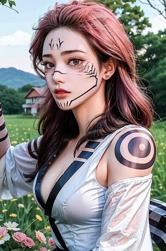 1girl, pink long hair, mask, makeup, bare shoulders, cleavage, large breasts, detached sleeves, standing, (cowboy shot),(masterpiece, high quality, best quality), (colorful),(delicate eyes and face), volumatic light, ray tracing, extremely detailed CG unity 8k wallpaper,solo, ((flying petal)), outdoors, ((flowers field)), sukunatattoo, kimono, look at viewers, facial marks, SukunaFem