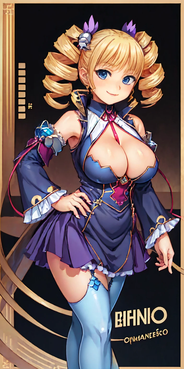 Stand upright and symmetrical, Huge breasts(masterpiece, Highest quality:1.2), Cowboy Shot, alone, 1 Mature Woman, Square, smile, View your viewers, Hands on hips, Twin tails, Twin Drill, dress, Blue Pantyhose, Striped pantyhose, Handcuffed, Has a collar around the neck