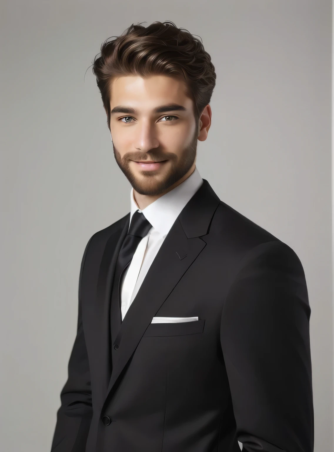 arafed image of a man with a beard and a suit, super realistic, very detailed, photo-realistic, high resolution, smiling face, confident smile, well-groomed model, headshot profile picture, with a small beard, long swept back blond hair, sophisticated well rounded face, professional headshot, young man with medium - length, headshot portrait, short facial hair, short dark blond beard, short beard, medium-length portrait, headshot photo