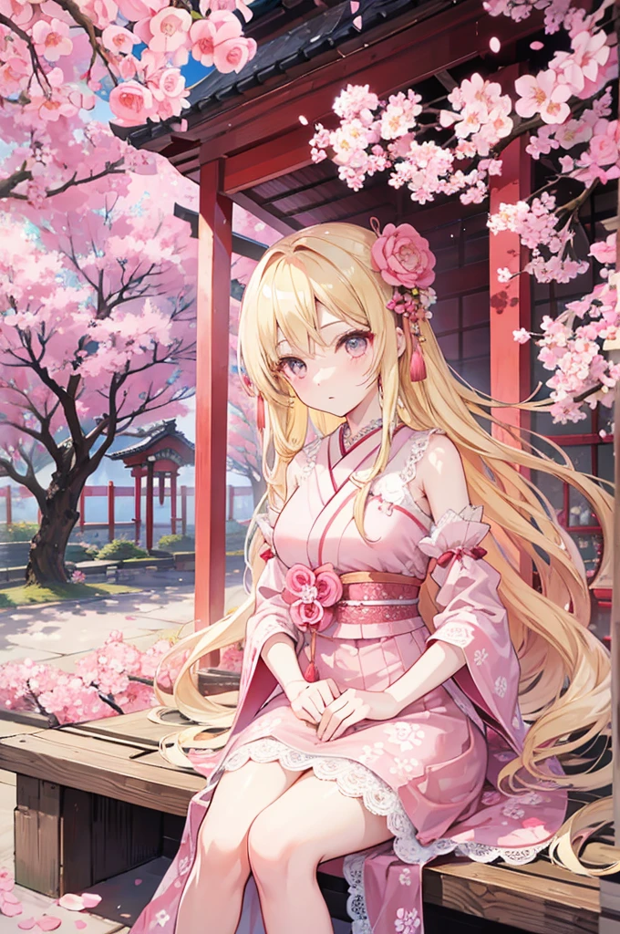 Anime style long blonde big eyes pink dress,With flowers and lace details sitting under the cherry blossom tree with a traditional Japanese pavilion in the background、Dreamy atmosphere