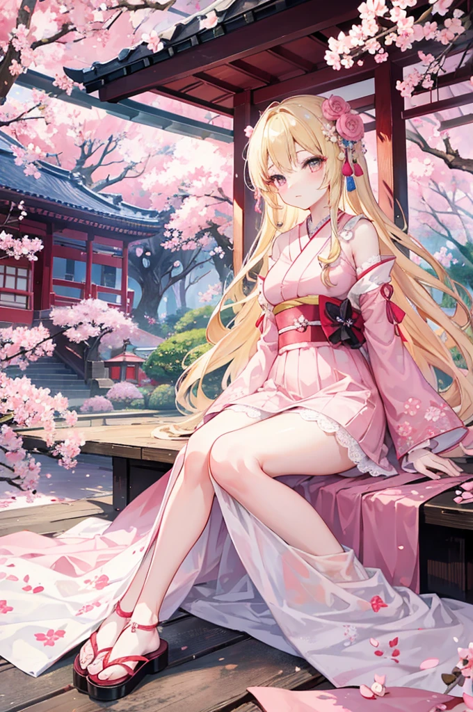 Anime style long blonde big eyes pink dress，With flowers and lace details sitting under the cherry blossom tree with a traditional Japanese pavilion in the background、Dreamy atmosphere