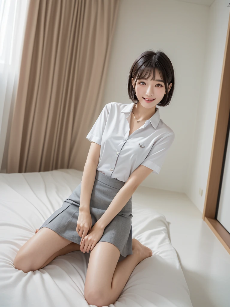 (Highest quality、masterpiece:1.9)、((Neat and clean female college student、1 person))、Soft lighting by a professional photographer、Natural light、((Very spacious white luxurious room:1.6))、((Bright white room:1.6))、(Sitting on a very luxurious white bed:1.2)、(White Bookcase:1.1)、Natural soft light、((Black Hair:1.1))、Fair skin、Detailed Eyes、double eyelid、Slightly puffy cheeks、((Small Face:1.0))、((Checked one-piece shirt、Grey mini skirt、Please wear it with the chest open.:1.4))、(smile)、((Girly pose 1.8))、High resolution,、((Short Bob Cut Hair:1.2))、((Full Body Shot:1.2))、Live-action image quality、((Height: 150cm))、Hands in front、Hide your hands between your legs、(bangs:1.1)、