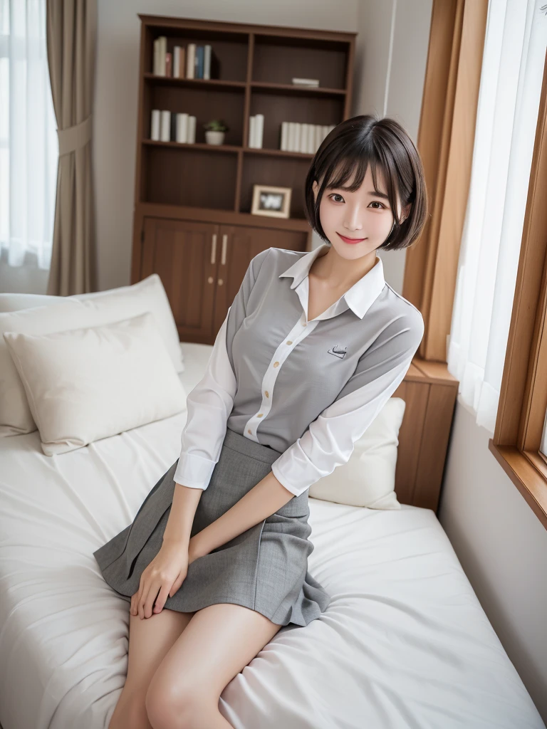 (Highest quality、masterpiece:1.9)、((Neat and clean female college student、1 person))、Soft lighting by a professional photographer、Natural light、((Very spacious white luxurious room:1.6))、((Bright white room:1.6))、(Sitting on a very luxurious white bed:1.2)、(White Bookcase:1.1)、Natural soft light、((Black Hair:1.1))、Fair skin、Detailed Eyes、double eyelid、Slightly puffy cheeks、((Small Face:1.0))、((Checked one-piece shirt、Grey mini skirt、Please wear it with the chest open.:1.4))、(smile)、((Girly pose 1.8))、High resolution,、((Short Bob Cut Hair:1.2))、((Full Body Shot:1.2))、Live-action image quality、((Height: 150cm))、Hands in front、Hide your hands between your legs、(bangs:1.1)、
