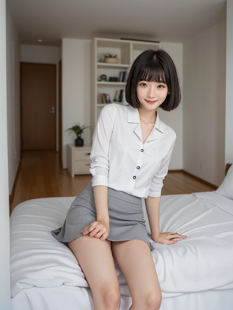(Highest quality、masterpiece:1.9)、((Neat and clean female college student、1 person))、Soft lighting by a professional photographer、Natural light、((Very spacious white luxurious room:1.6))、((Bright white room:1.6))、(Sitting on a very luxurious white bed:1.2)、(White Bookcase:1.1)、Natural soft light、((Black Hair:1.1))、Fair skin、Detailed Eyes、double eyelid、Slightly puffy cheeks、((Small Face:1.0))、((Checked one-piece shirt、Grey mini skirt、Please wear it with the chest open.:1.4))、(smile)、((Girly pose 1.8))、High resolution,、((Short Bob Cut Hair:1.2))、((Full Body Shot:1.2))、Live-action image quality、((Height: 150cm))、Hands in front、Hide your hands between your legs、(bangs:1.1)、